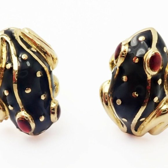 Authentic! Vintage David Webb 18k Yellow Gold Ruby Black Enamel Frog Cufflinks - Picture 4 of 6